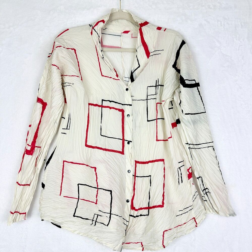 Babette Crinkle Button Up Size Medium Geometric Squares Artsy Art To Wear